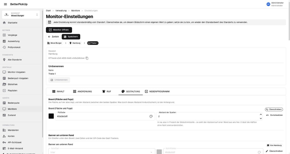 Die Monitor-Einstellungen im Reiter Gestaltung mit den übrigen Reitern Inhalt, Anordnung, Ruf und Nebenprogramm darüber, und darunter Feldern für Flächenfarbe, Spaltenabstand und das Banner am unteren Rand