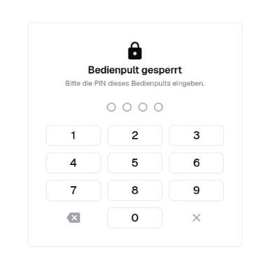 Die PIN-Eingabe eines gesperrten Bedienpults mit vier Punkten für die eingegebenen Ziffern und einem Zahlenblock von 0 bis 9